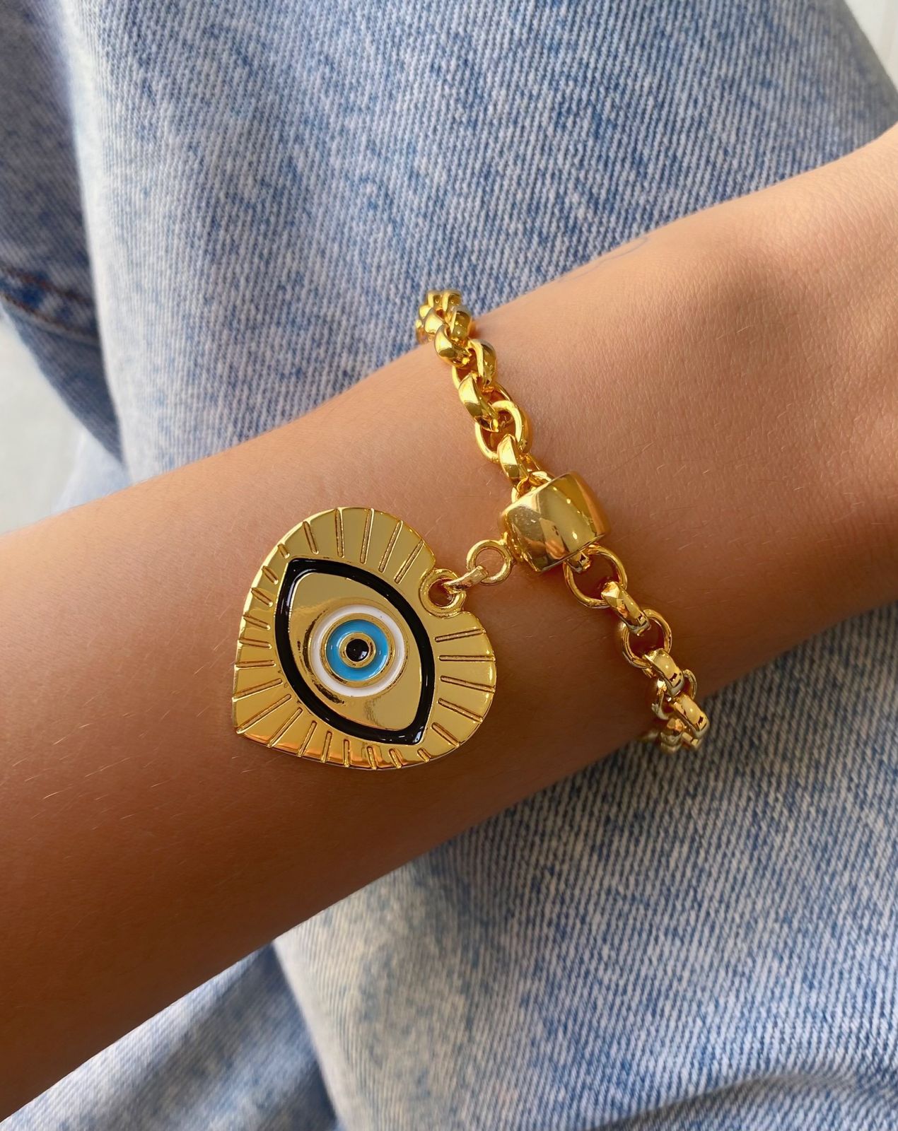 Pulseira elo português grosso + pingente olho grego