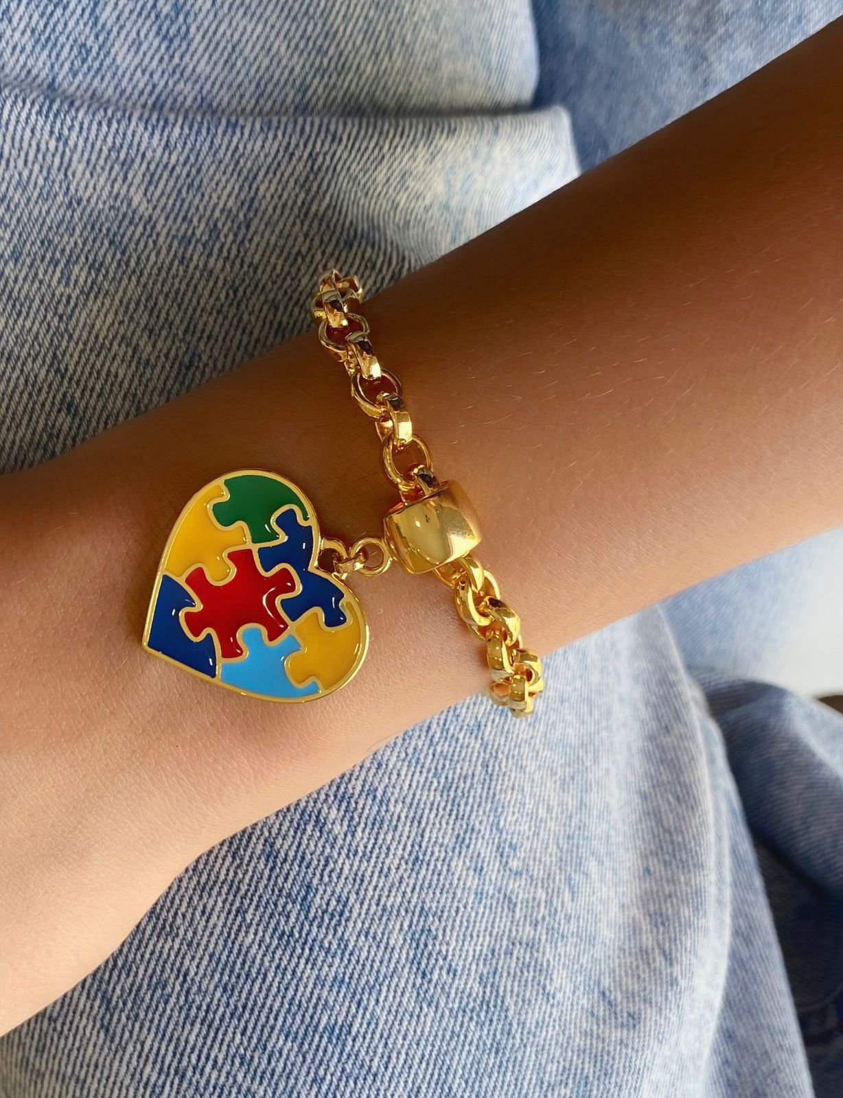 Pulseira elo português grosso + pingente autismo