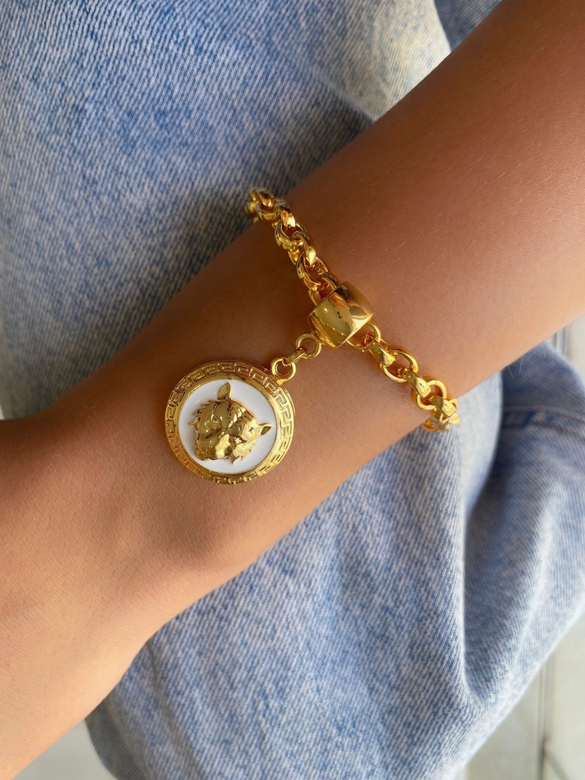 Pulseira elo português grosso + pingente tigre
